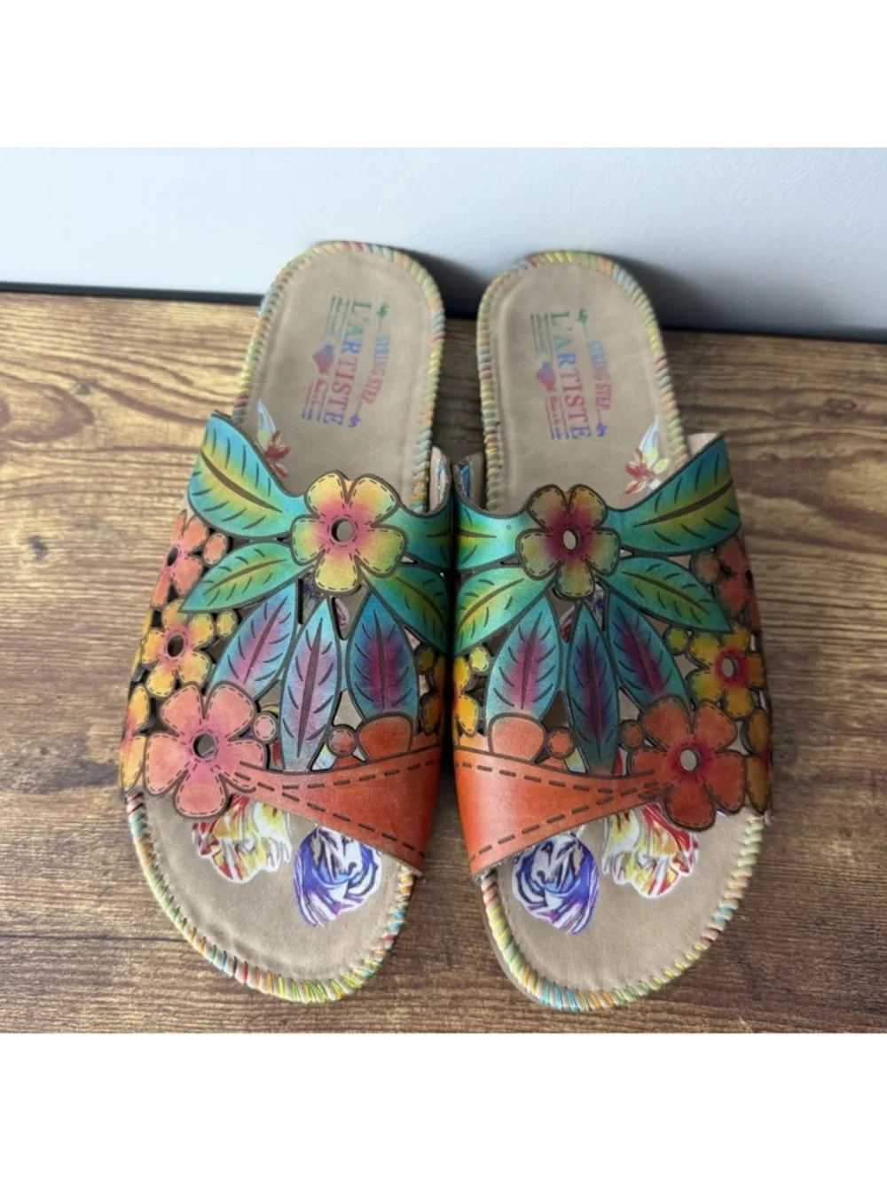 L'Artiste Soloa Spring Step Sandals Size 41 US 9.5 10 Slip On Leather Floral - Picture 6 of 10